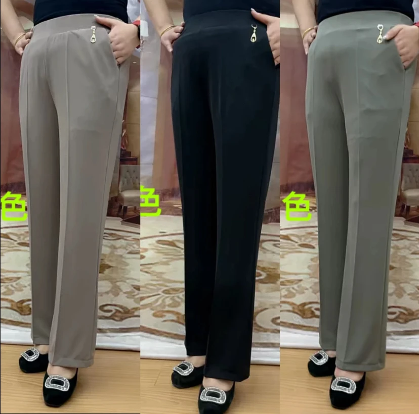 603夏季薄款妈妈宽松垂感松紧腰中老年女裤高腰显瘦休闲直筒长裤
