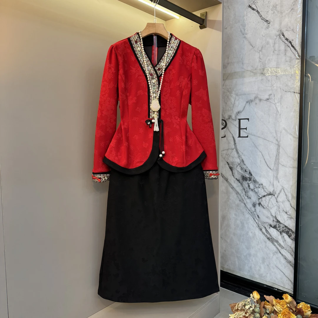 新款2025时尚休闲复古欧货新中式大码显瘦上衣+半裙两件套1013