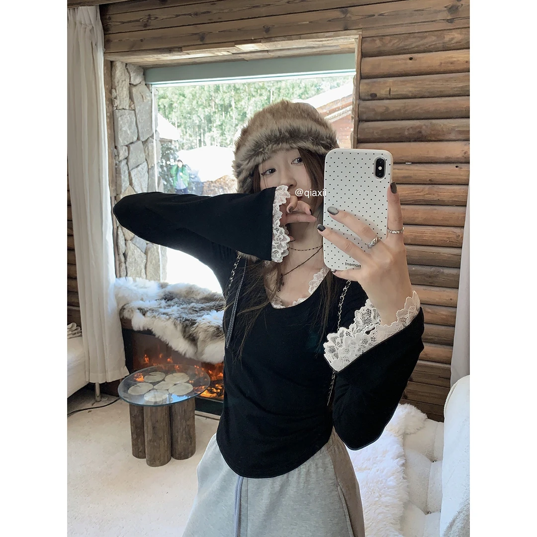 【梦梦】2024秋冬新款蕾丝拼接打底衫秋冬磨毛长袖百搭加绒加厚上衣