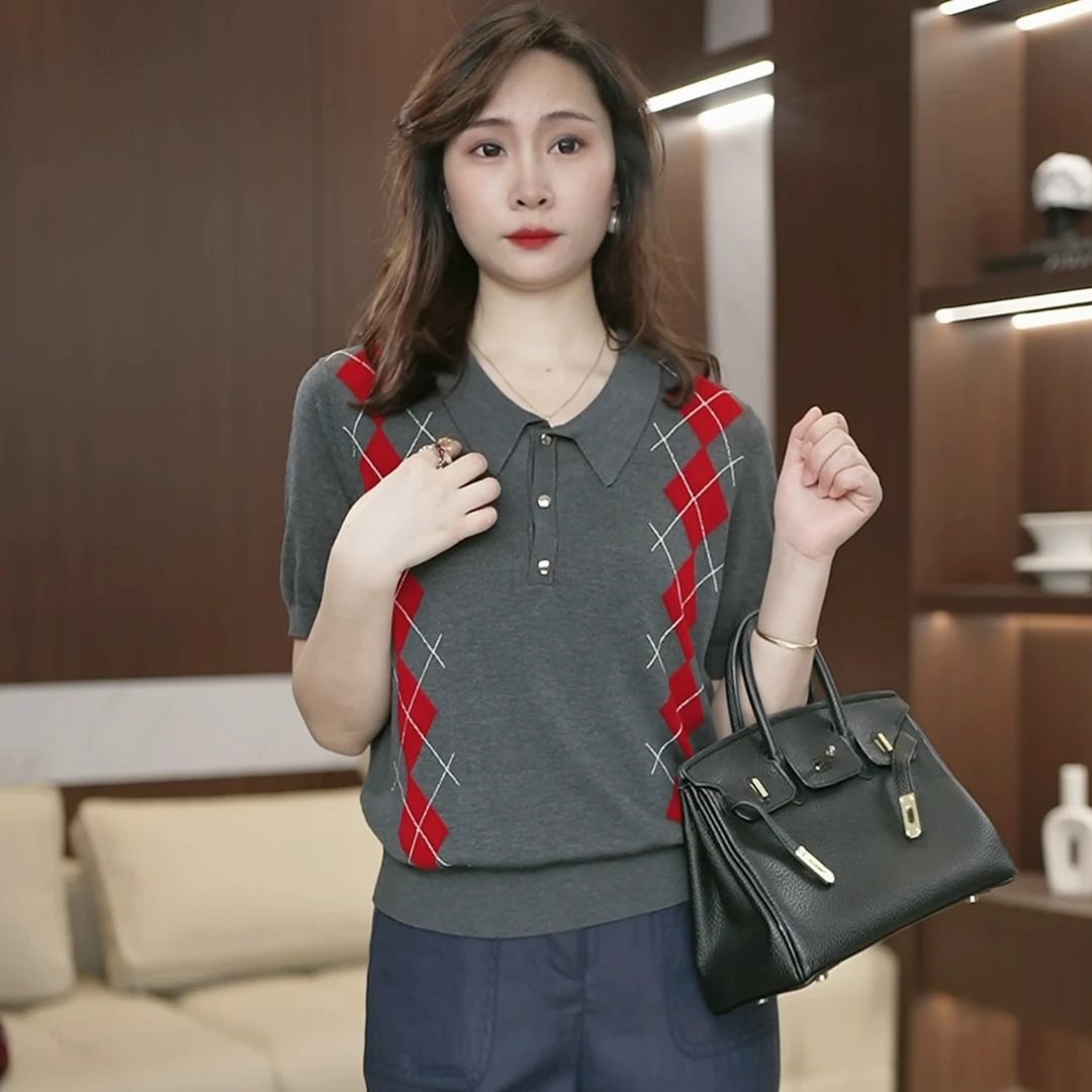 polo领菱格短袖针织衫女2025夏季学院风撞色气质减龄宽松上衣3079
