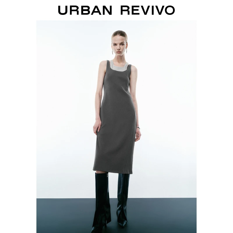 UR2025春季新款女装休闲通勤撞色假两件无袖连衣裙UYV750035