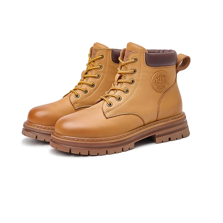 素陌秋季马丁靴女真皮英伦风靴子百搭复古流光风大黄靴登山鞋9136