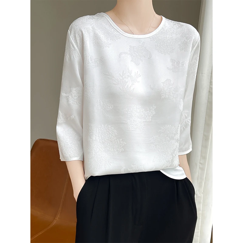 新中式七分袖上衣女夏气质国风宽松圆领中袖衬衫百搭复古提花衬衣