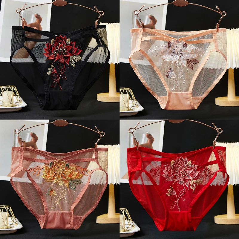 透气纯欲少女低腰三角裤夏季爆款4条装甜美刺绣花朵性感内裤
