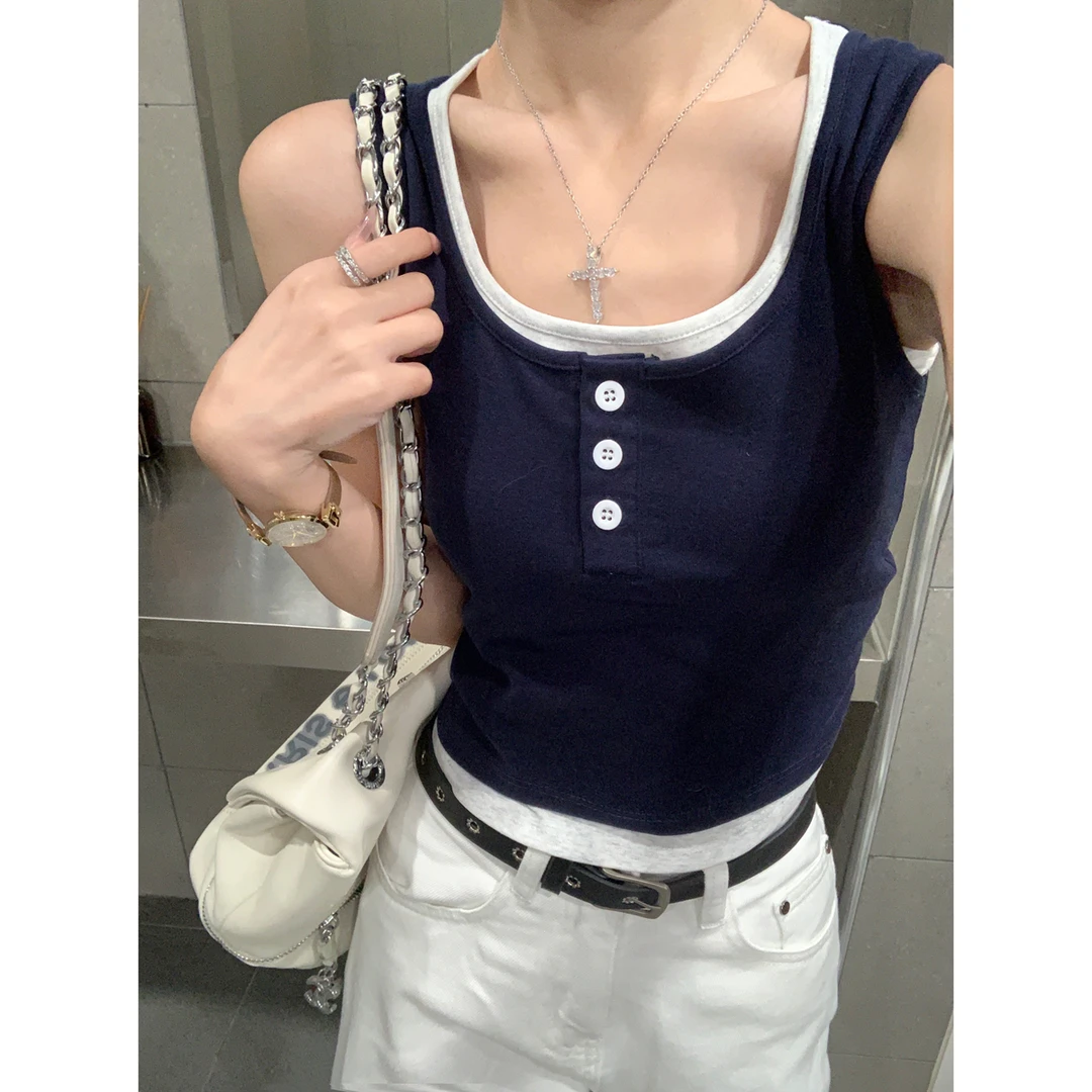 实价 夏季韩版修身方领撞色纽扣设计百搭纯棉背心