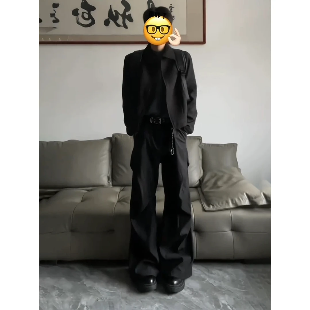 cleanfit微喇叭褶皱裤子男款ootd穿搭工装阔腿裤美式垂感弯刀西裤