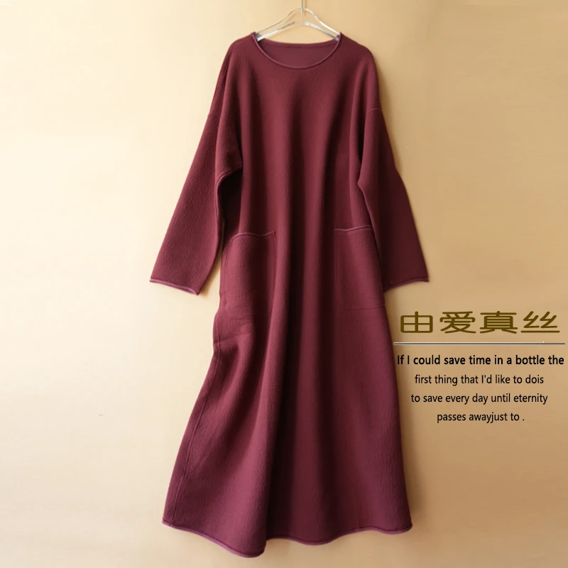 宽松显瘦加厚连衣裙女装秋冬新款优雅气质酒红色遮肚保暖中长裙子