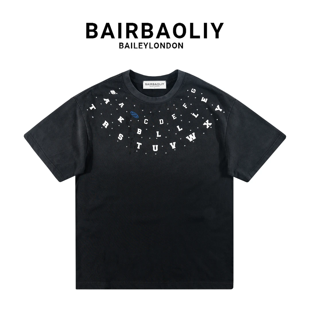BAIRBAOLIY美式重磅纯棉水洗渐变色创意字母满天星宽松短袖T恤男