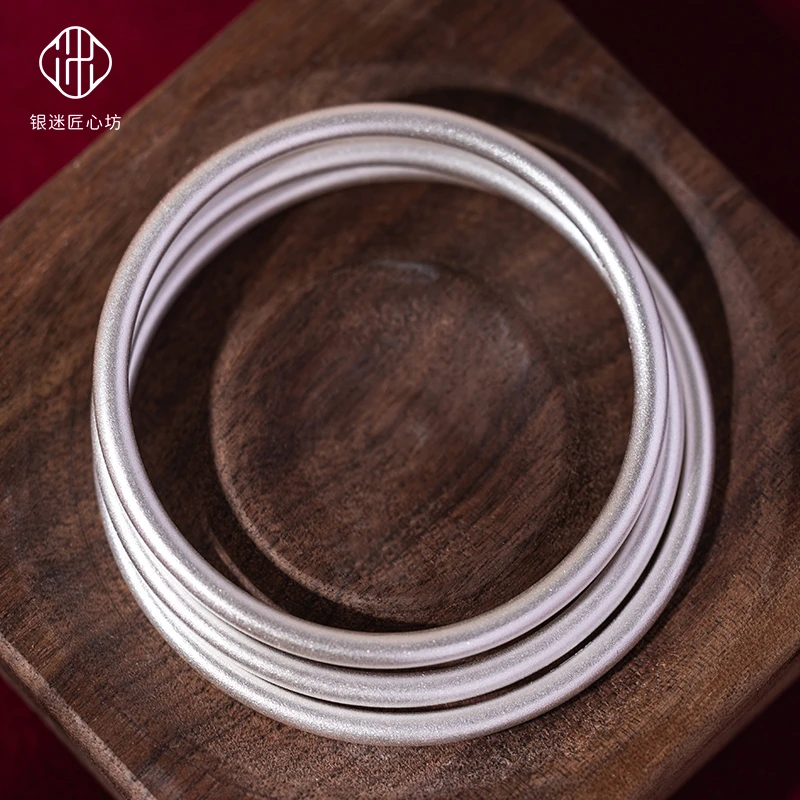 足银手镯 民族风镯子女款复古中国风经典素圈中式磨砂细圈女时尚