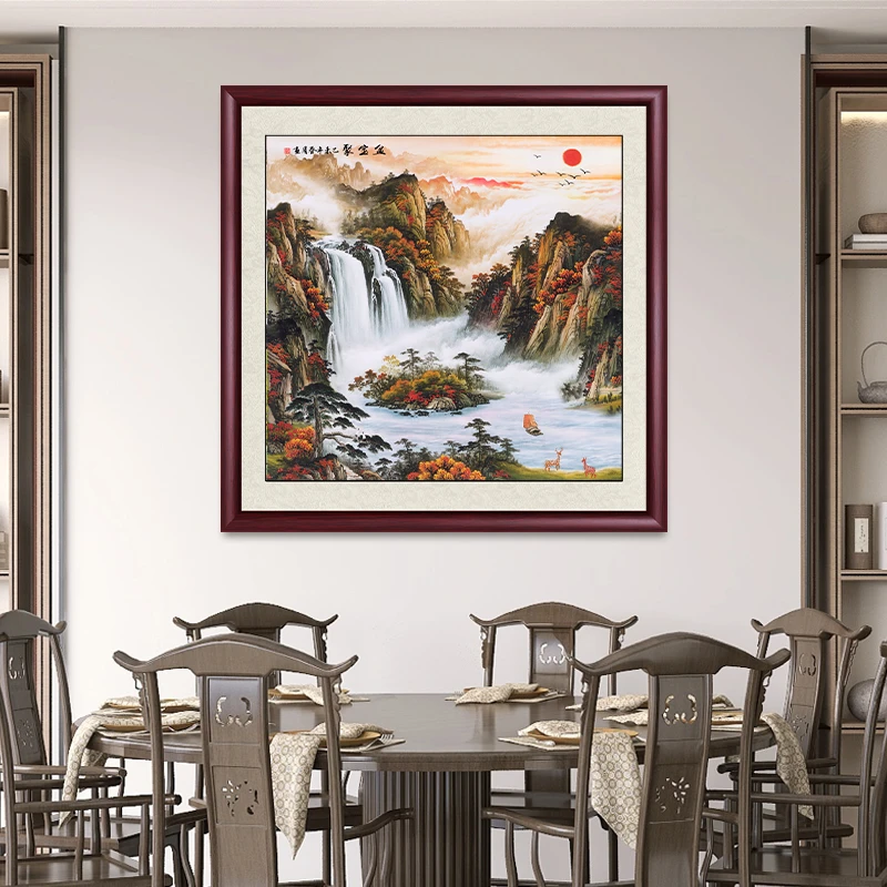 聚宝盆国画山水画办公室客厅背景墙挂画新中式入户玄关墙壁装饰画