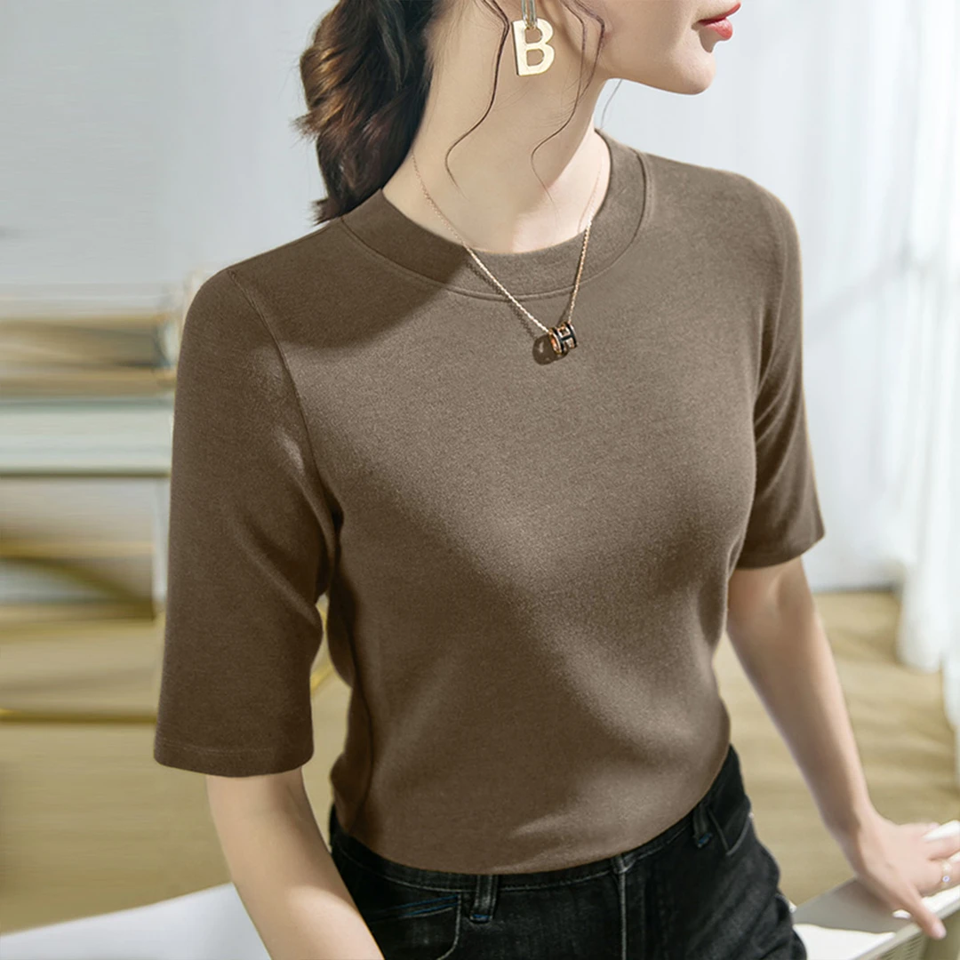 莫代尔中袖t恤圆领秋装五分袖打底衫女春夏内搭修身半袖体恤上衣