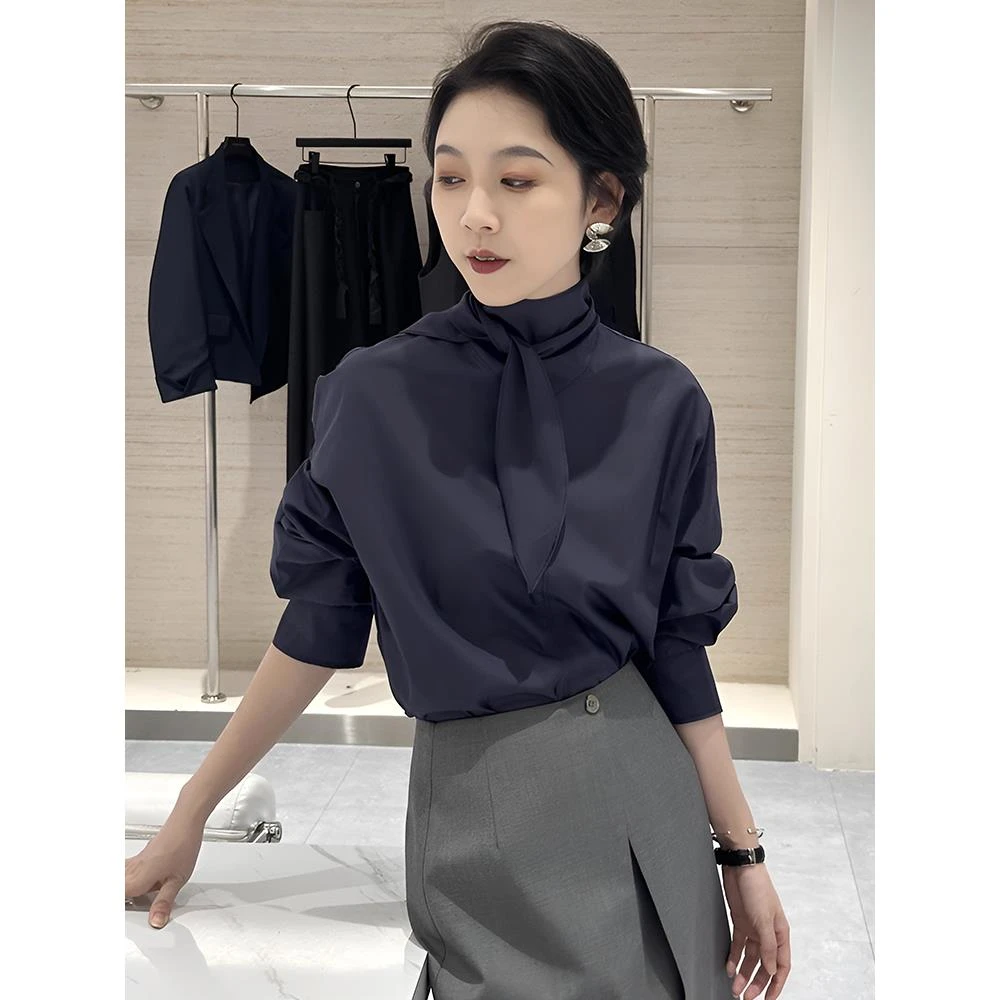 MADRNN法式高级感背扣立领长袖衬衫女装2025新款早秋宽松显瘦上衣