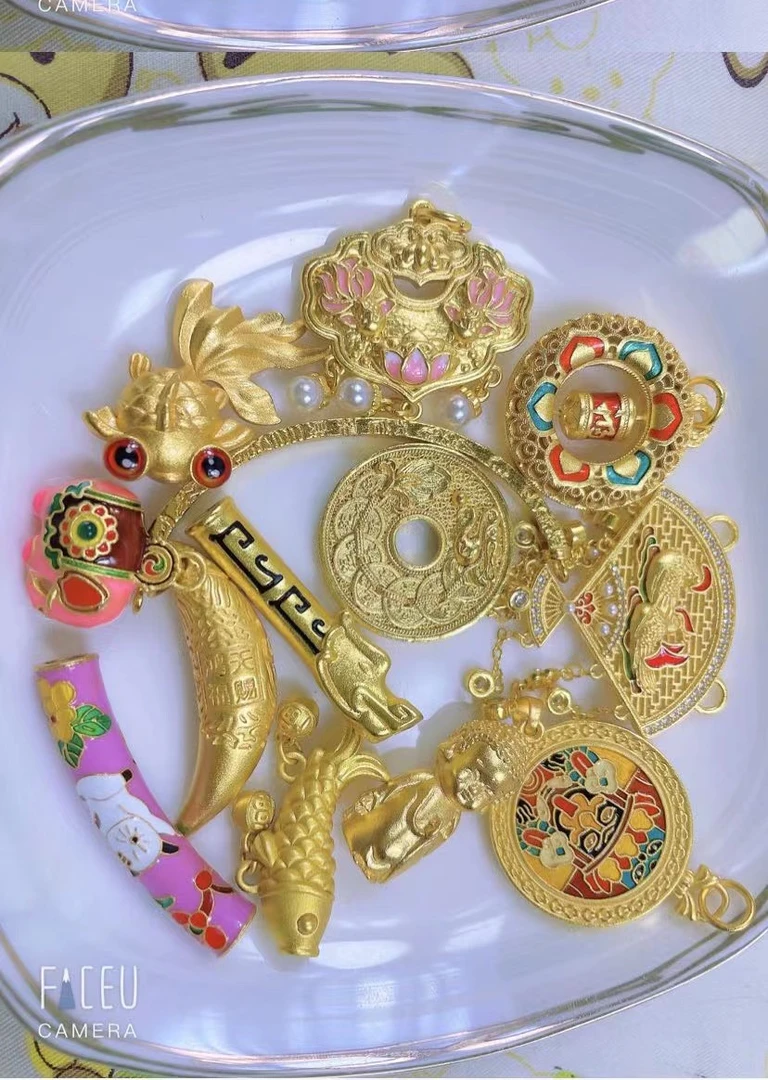 直播间选款镀真金配饰配件吊坠通孔保色不掉色滴油法郎彩色