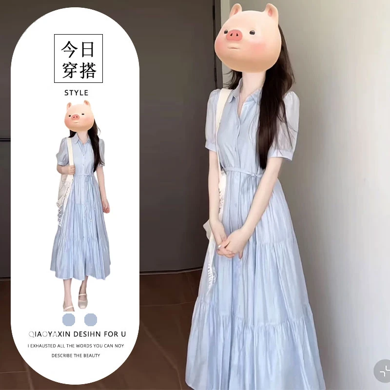 茶歇法式蓝色泡泡袖雪纺连衣裙女装夏季裙子小个子系带收腰衬衫裙
