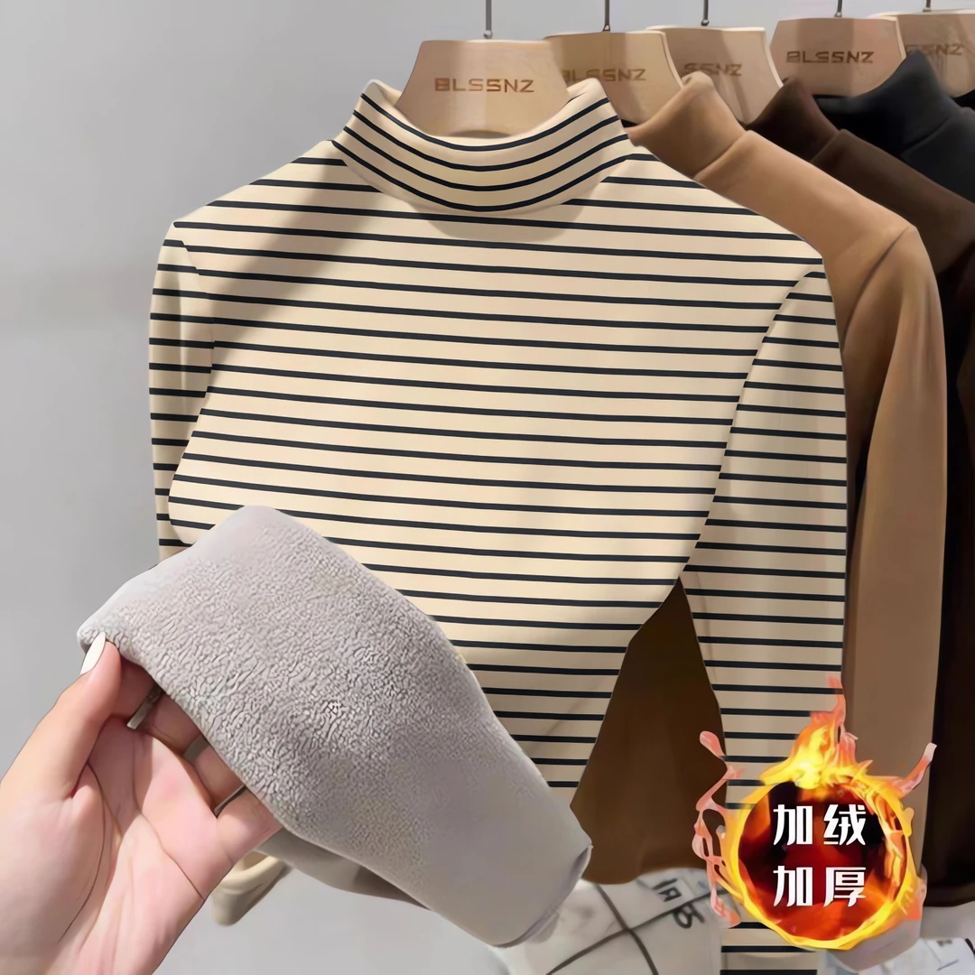 【奥粒绒460克】男女童半高领条纹内搭中大童加厚德绒打底衫