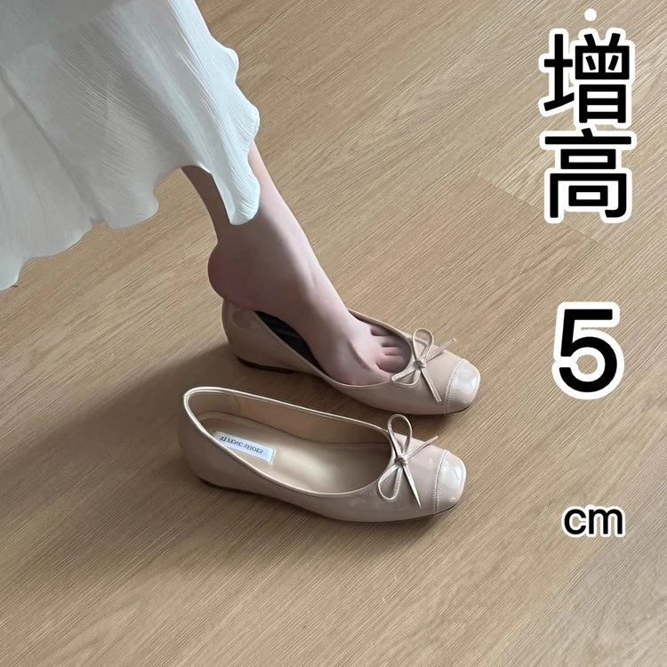 小个子蝴蝶结方头2025增高单鞋软底平底新款芭蕾甜美法式浅口女鞋