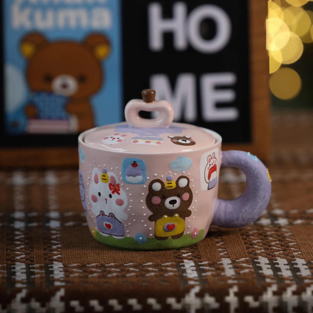 317【三只熊】紫色岩彩兔子小熊带盖陶瓷水杯马克杯