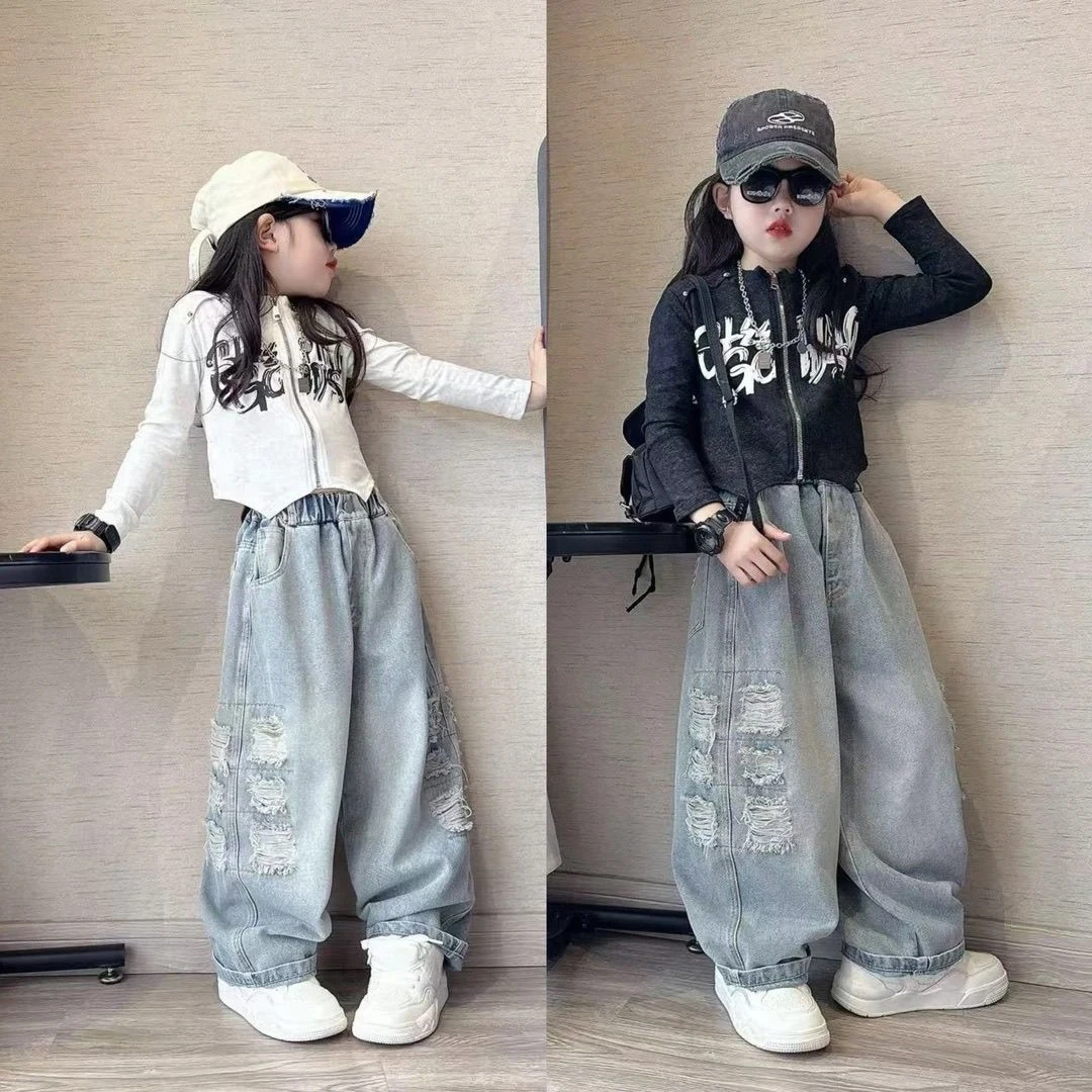 女童春季新款破洞牛仔裤时髦中大童韩版洋气打底衫时尚百搭裤套装