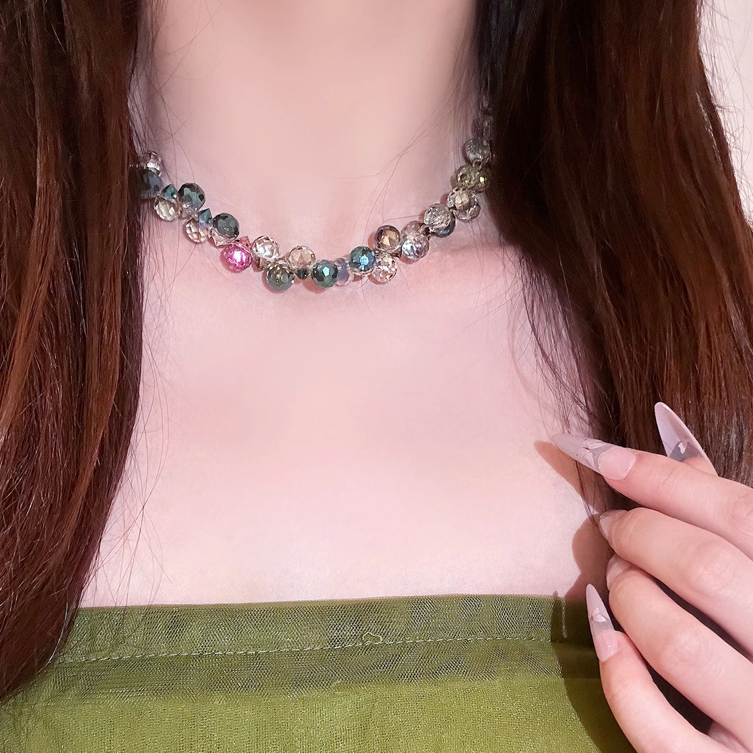 SHOWDIGU 铜合金亚克力项链 超闪幻彩串珠项链轻奢个性百搭锁骨链