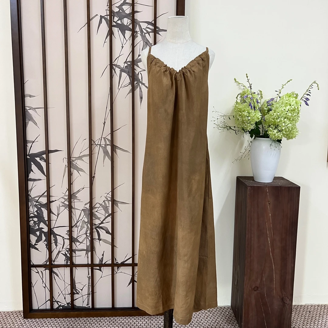 櫟丝御锦柞蚕丝长裙吊带V领ins风潮流时尚显瘦气质连衣裙 50367