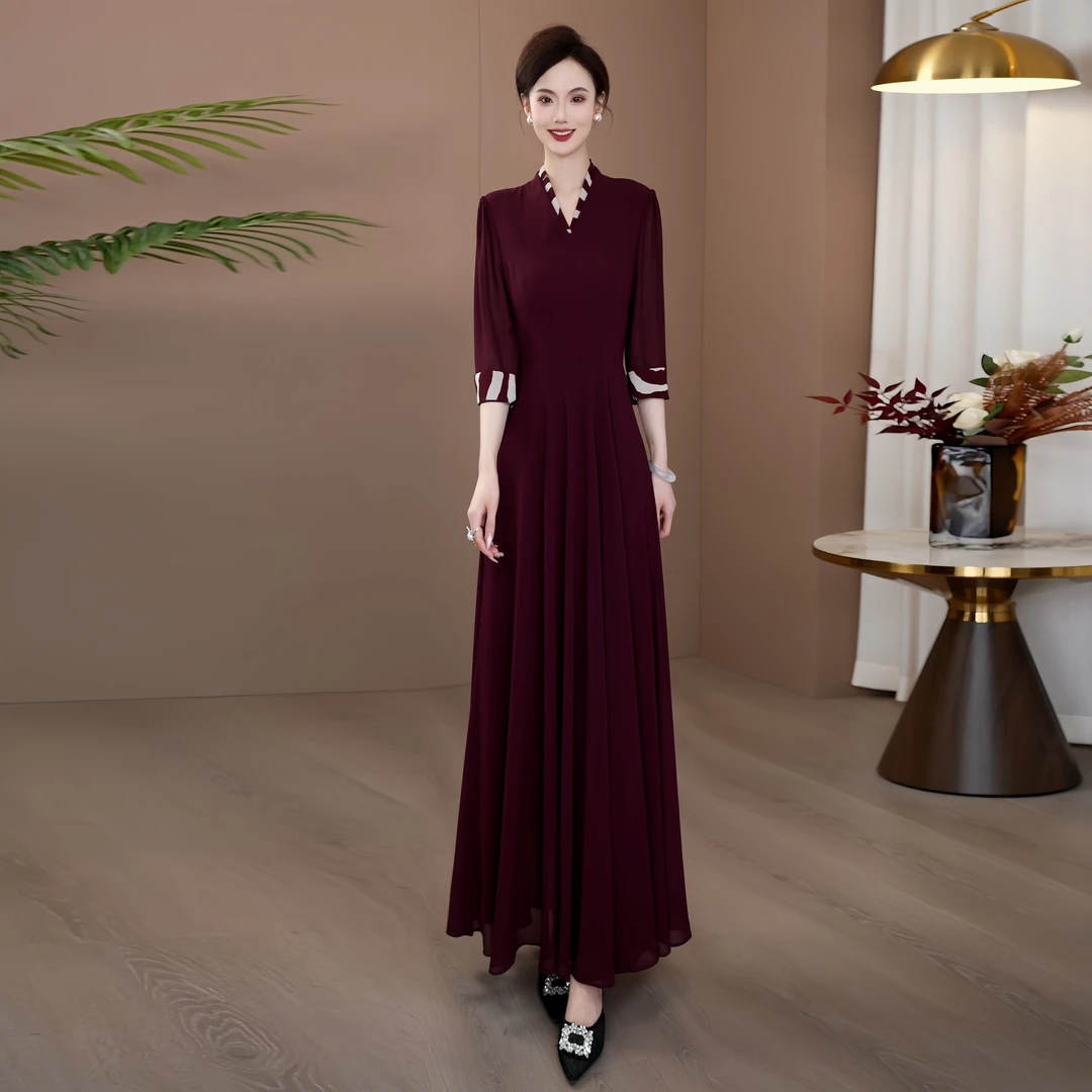 【现货】酒红色连衣裙2025夏季新款设计感轻奢贵妇优雅端庄长裙036