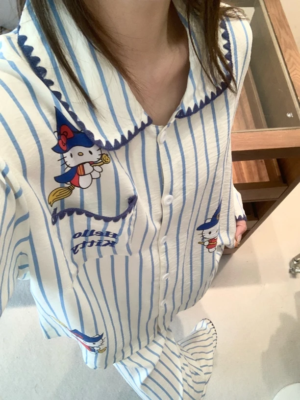 日系Hellokitty凯蒂猫可爱睡衣女带胸垫秋季长袖可外穿家居服套装