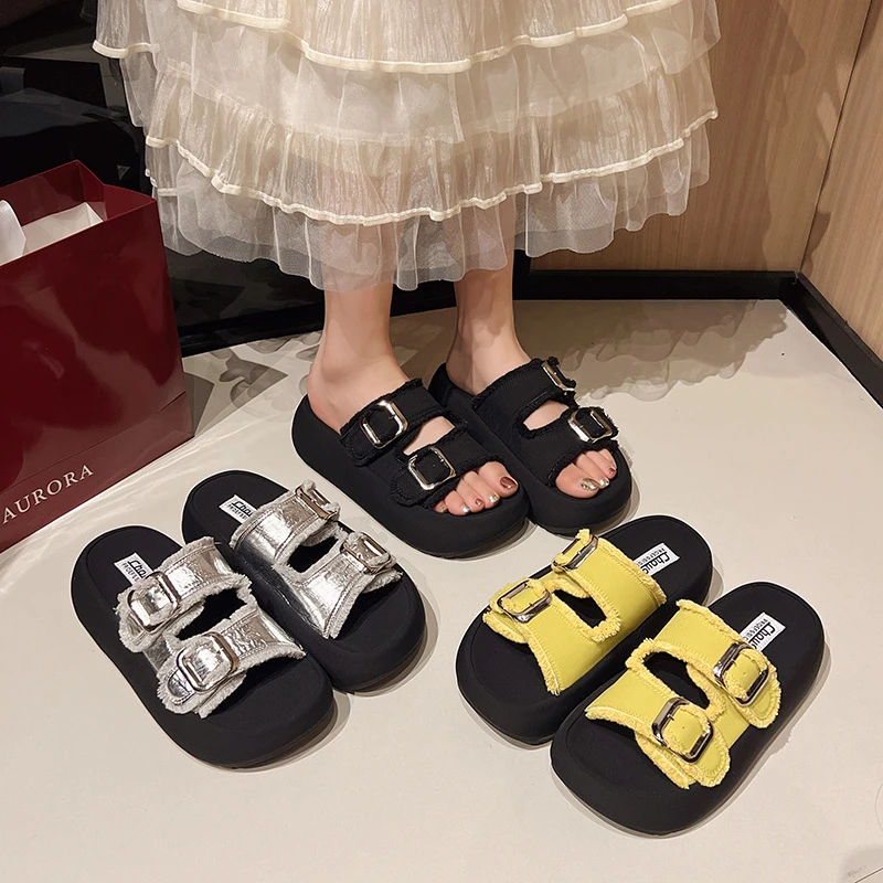 安踏联名部派法式松糕厚底皮带扣一字拖鞋女夏外穿露趾绝美厚底沙