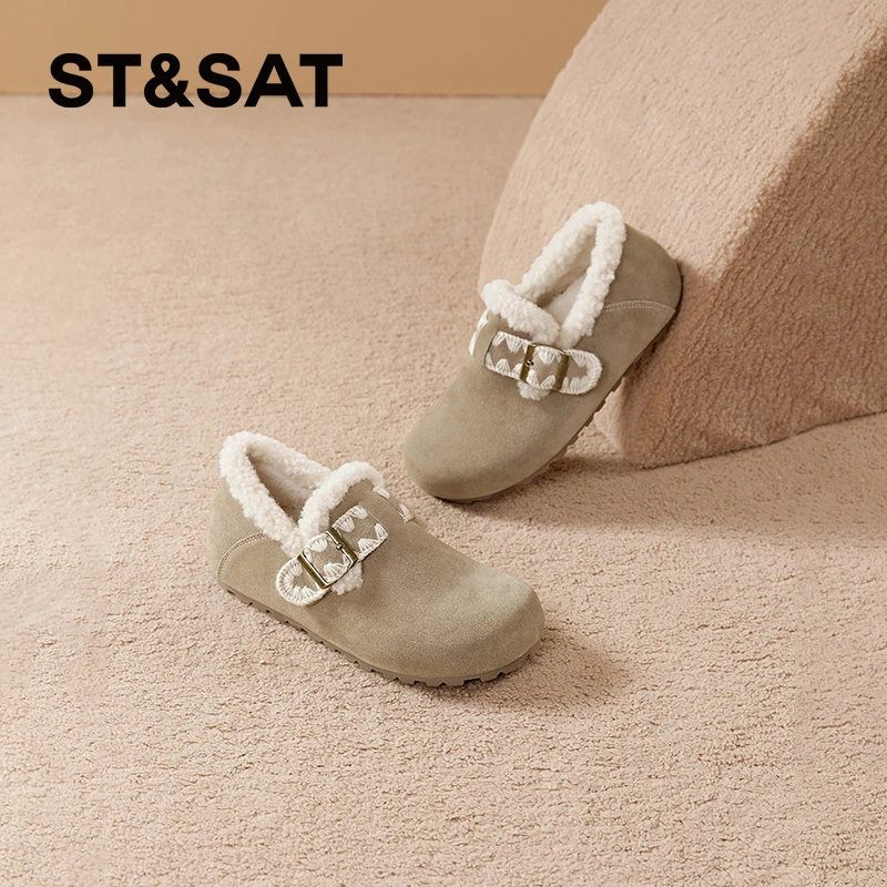星期六毛毛棉鞋女2024冬季新款加绒舒适休闲鞋平底保暖勃肯鞋