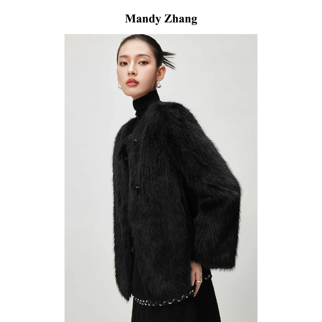 Mandy Zhang慵懒风灰色外套女秋冬设计感别致皮毛一体大衣