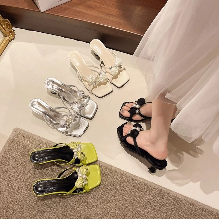 银色水钻凉鞋玫瑰花凉拖鞋女夏外穿夏季配裙子拖鞋女高跟鞋D115