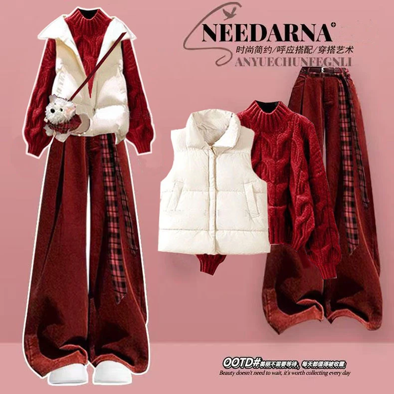 冬装一整套2025新款套装圣诞红色毛衣马甲棉服加绒阔腿裤三件套