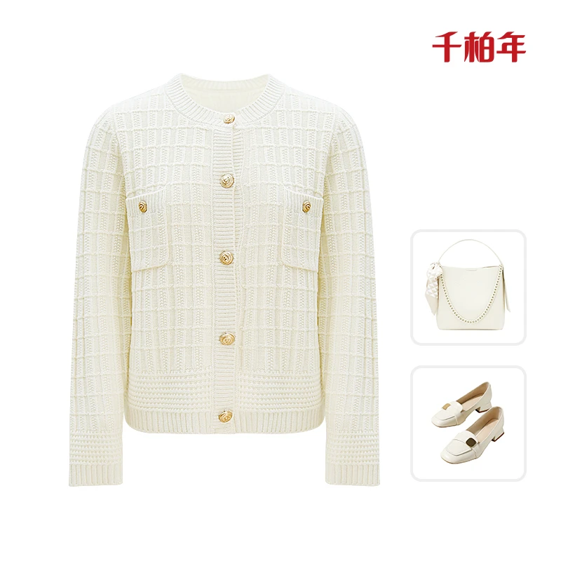 千柏年【鎏金岁月】舒适绵羊毛精致小香风名媛气质羊毛开衫-C1312