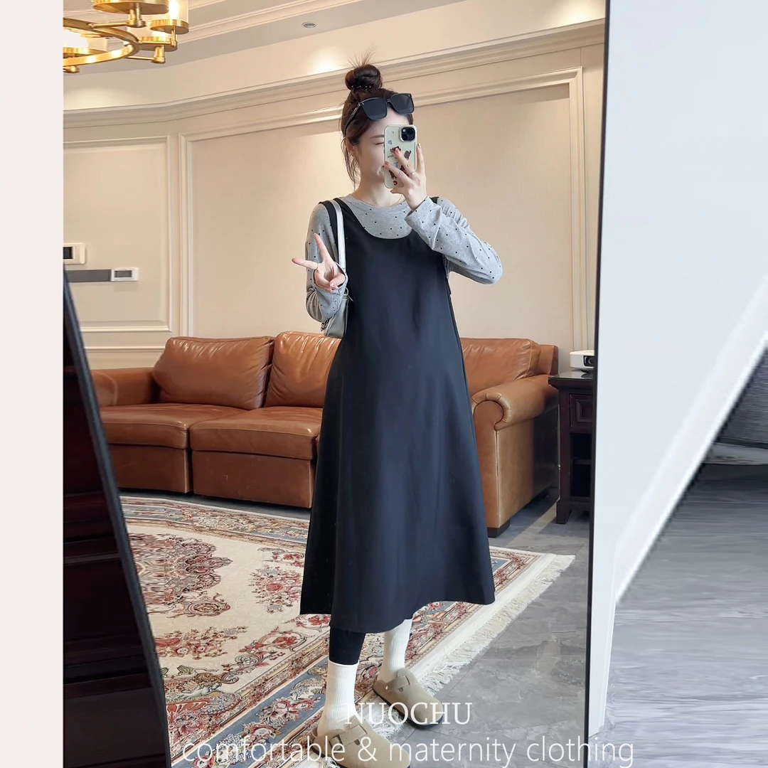 诺初孕妇装韩版早秋新款莫代尔打底+背心连衣裙套装两件套
