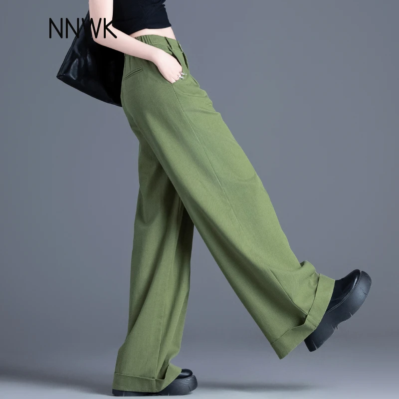 天丝棉裤子女绿色翻边直筒裤休闲裤2026新款春秋季高腰垂感阔腿裤