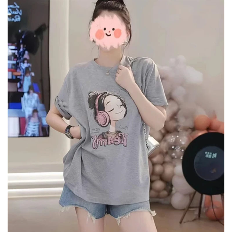 超好看圆领卡通印花短袖T恤女时尚休闲设计感后背镂空上衣小衫潮