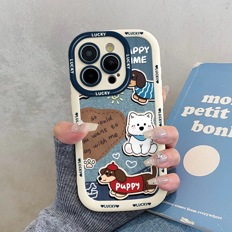 兰知春序牛仔布纹狗狗适用苹果16pm泡芙壳iphone15新款14创意13卡