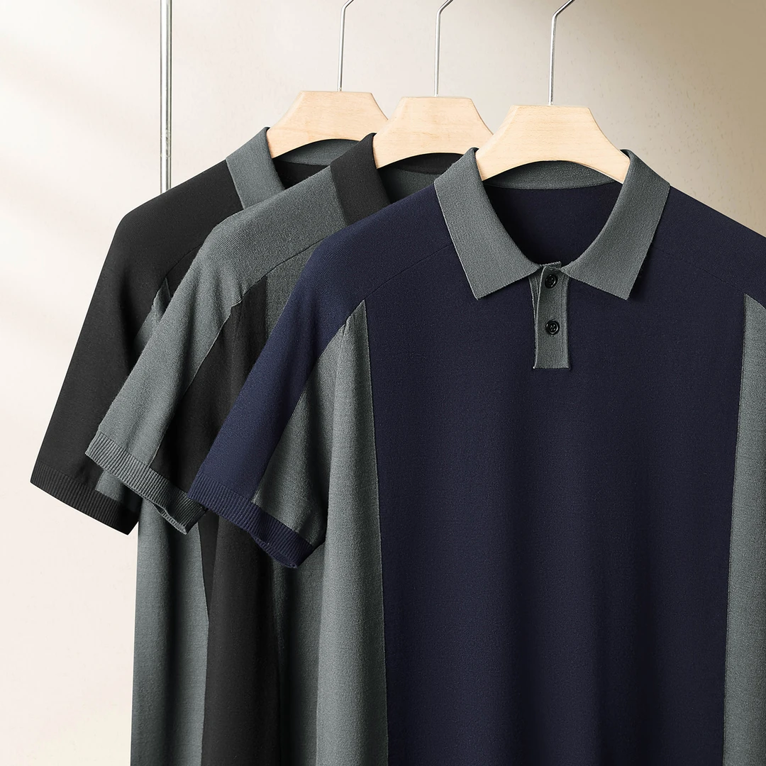 大码男装插肩袖翻领毛衣男短袖加肥加大胖子春秋款宽松拼色针织衫