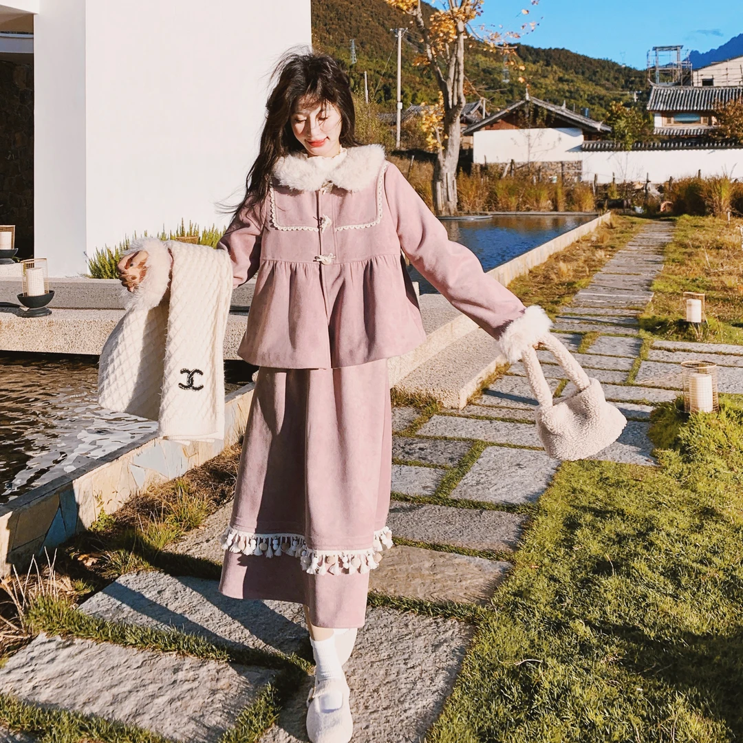 洋气时尚感通勤风新款秋冬加绒风毛绒冬季羊羔毛拼接麂皮夹棉国风