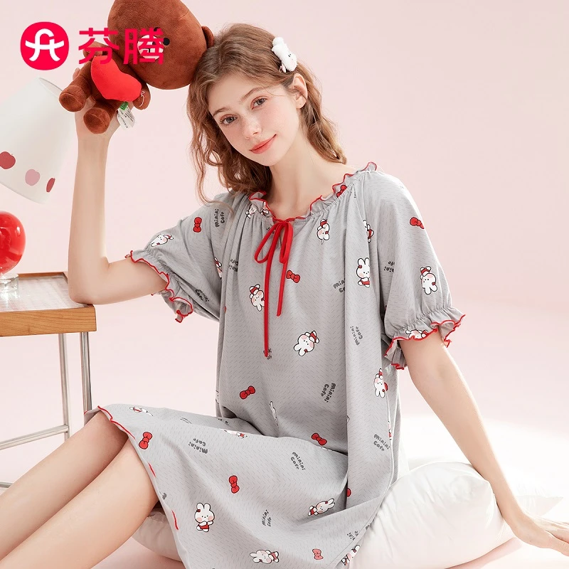 芬腾睡裙女【100%纯棉】2025年可妮兔IP圆领短袖连衣裙亲肤宽松