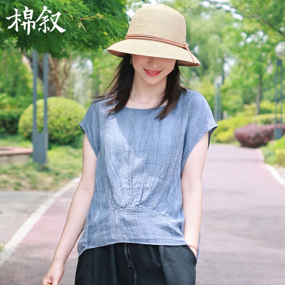 棉叙苎麻拼接扇形连肩袖衬衫女士复古夏季圆领褶皱T恤衫15766