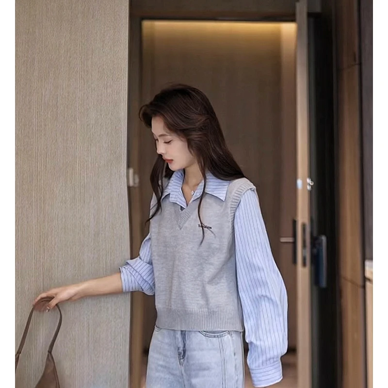 假两件撞色衬衫2025春季新款女装休闲百搭学院风叠穿长袖衬衫上衣