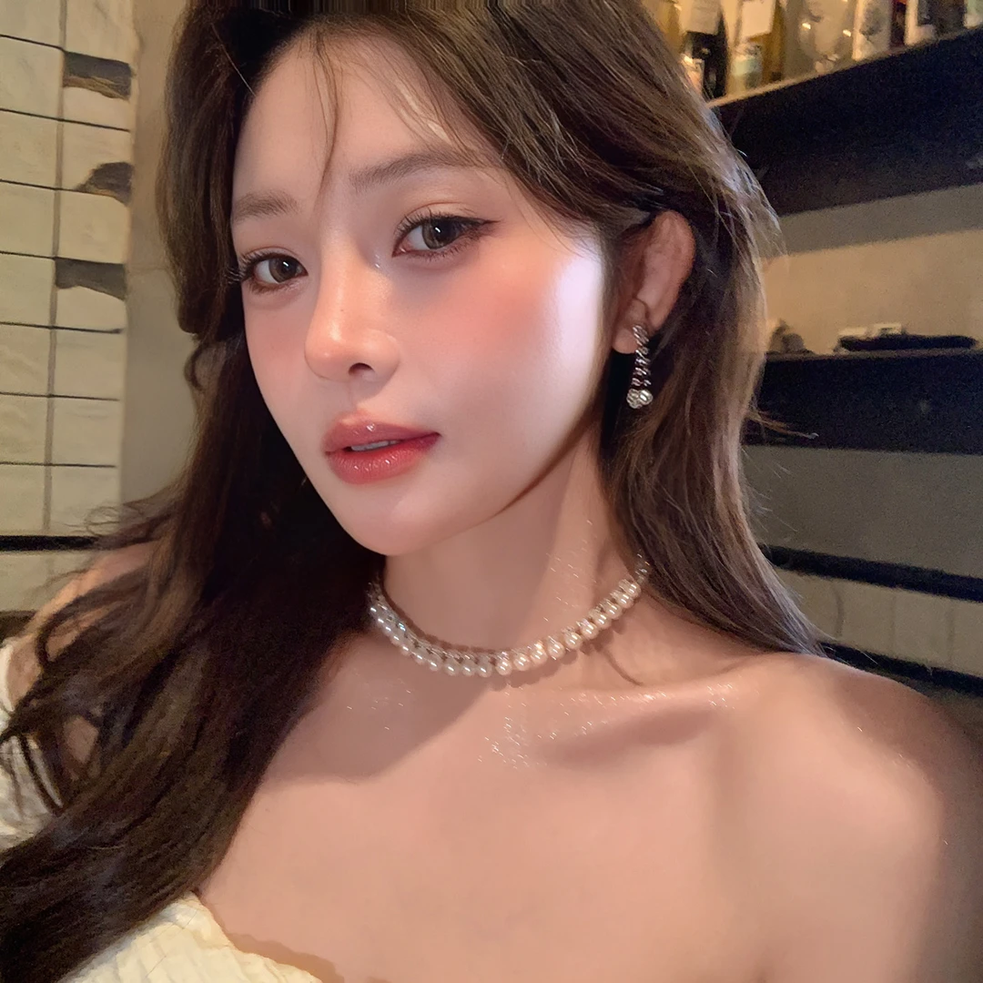 铜合金项链 满钻项链耳环套装高级小众百搭锁骨链礼服颈链