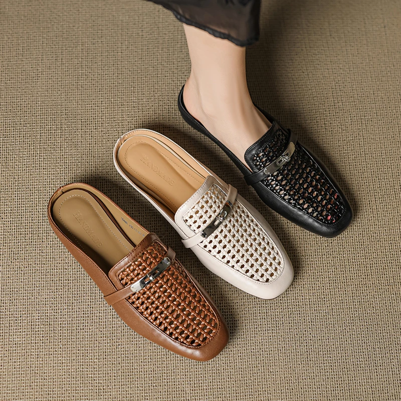 包头半拖鞋女夏2025新款时尚外穿休闲矮跟平底英伦编织镂空洞洞鞋