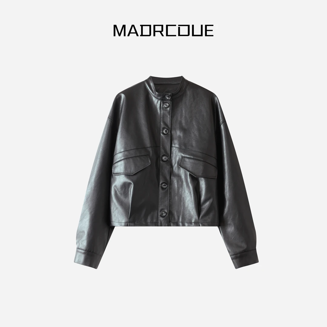 MADRCOUE 立领别致单排扣百搭显瘦皮衣605357