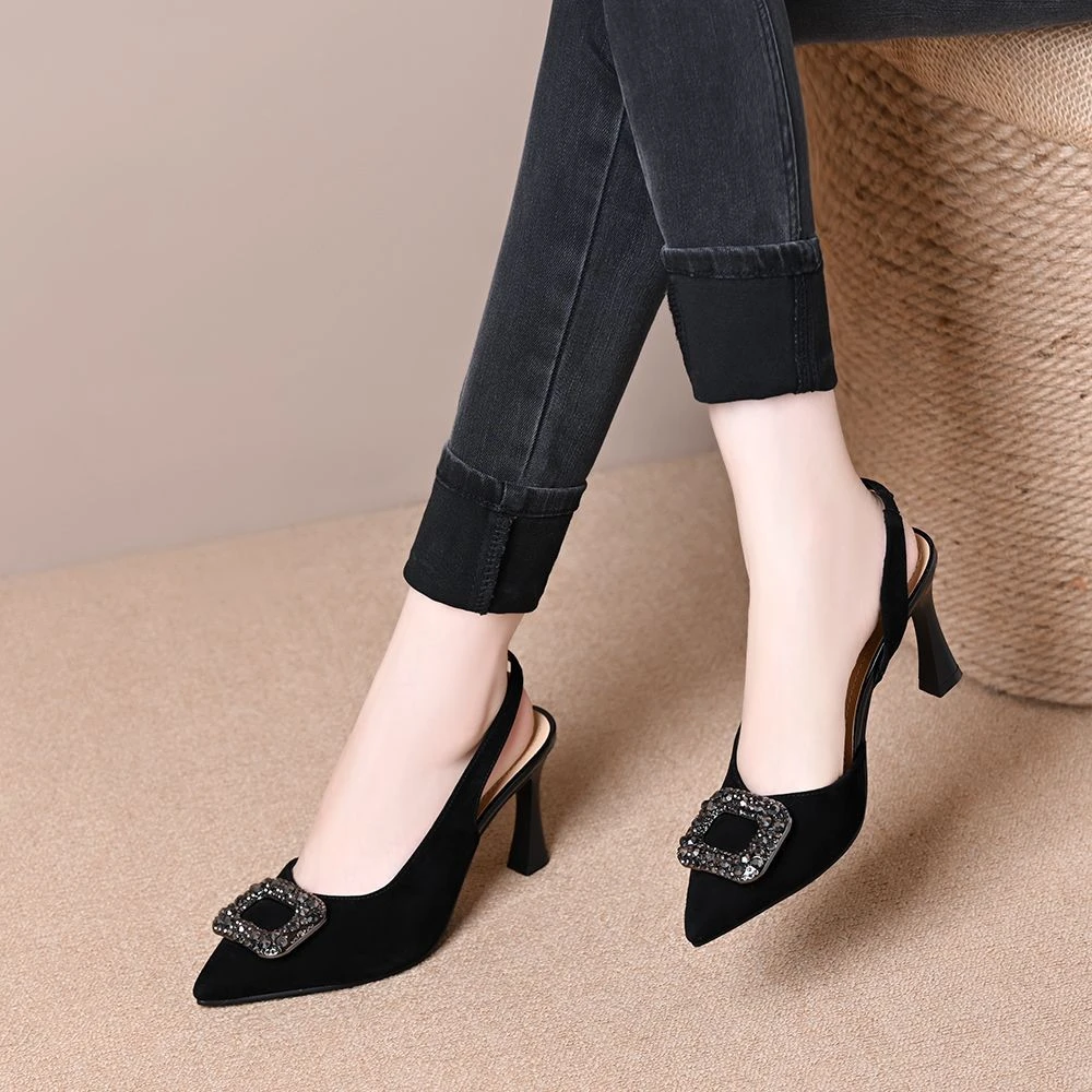 时尚包头凉鞋女2025夏季新款水钻方扣细跟高跟鞋浅口尖头后空单鞋