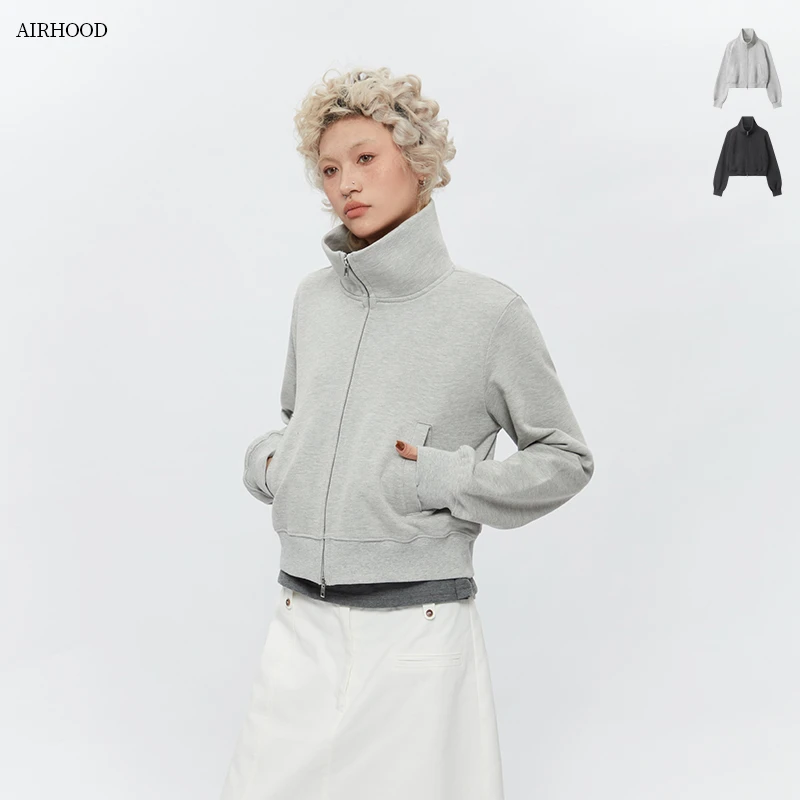 AIRHOOD 2024立领拉链短款外套女秋季简约宽松休闲开衫卫衣C5009