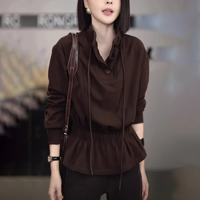 2025秋季新款女套头收腰卫衣时尚减龄慵懒风显瘦高领打底衫上衣