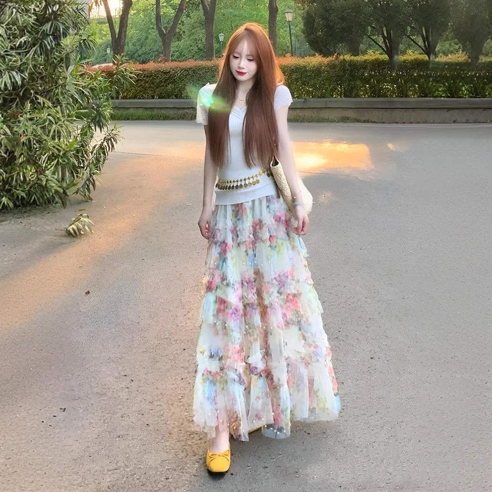 2025夏季新款蕾丝小V领短袖搭印花半身裙时尚碎花裙显瘦小清新