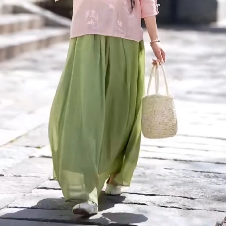 51336苎麻双层长款百褶裙半身裙网纱裙