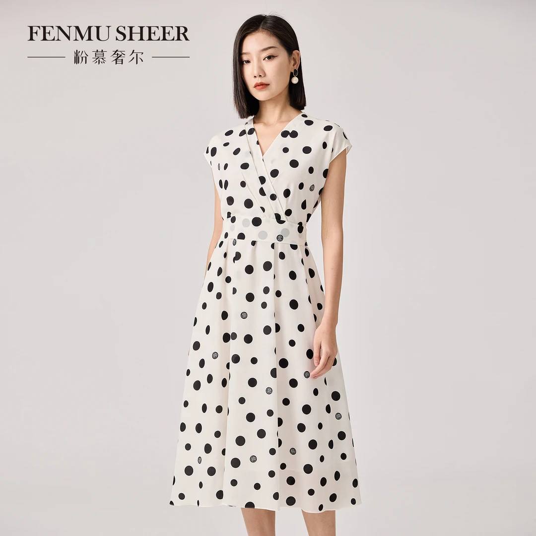【丽公主专属】粉慕奢尔『风俏佳人』优雅V领波点印花无袖连衣裙D2268